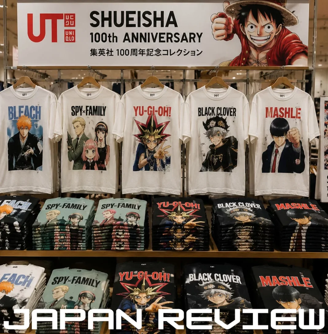 Exposição de camisetas da Uniqlo com estampas de mangás famosos da Shueisha em loja japonesa.