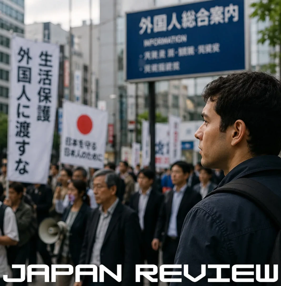 Trabalhador estrangeiro observa movimentação em órgão público japonês durante debate sobre xenofobia e imigração no Japão.