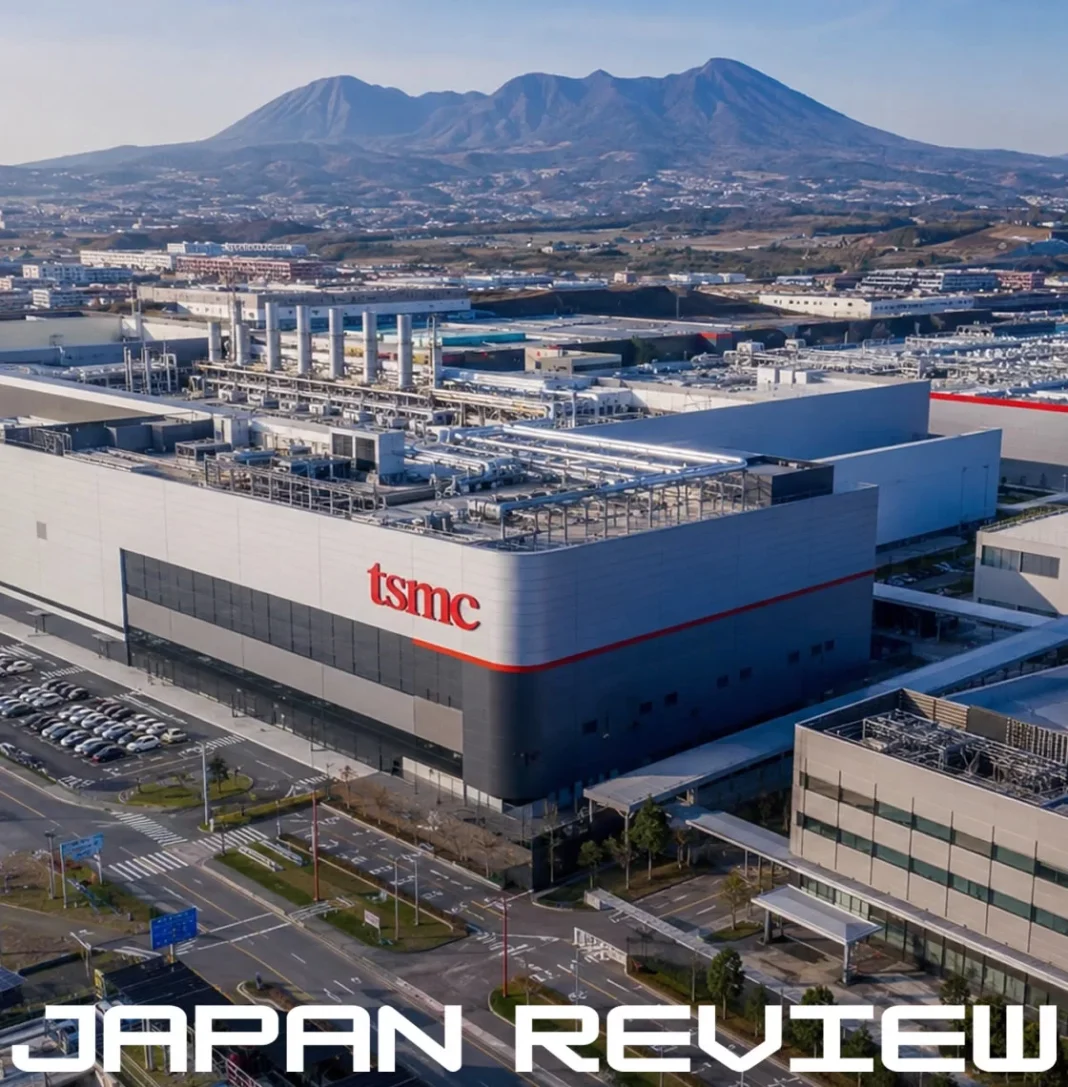 Complexo industrial de semicondutores no Japão com fábricas modernas, trabalhadores e infraestrutura tecnológica avançada.