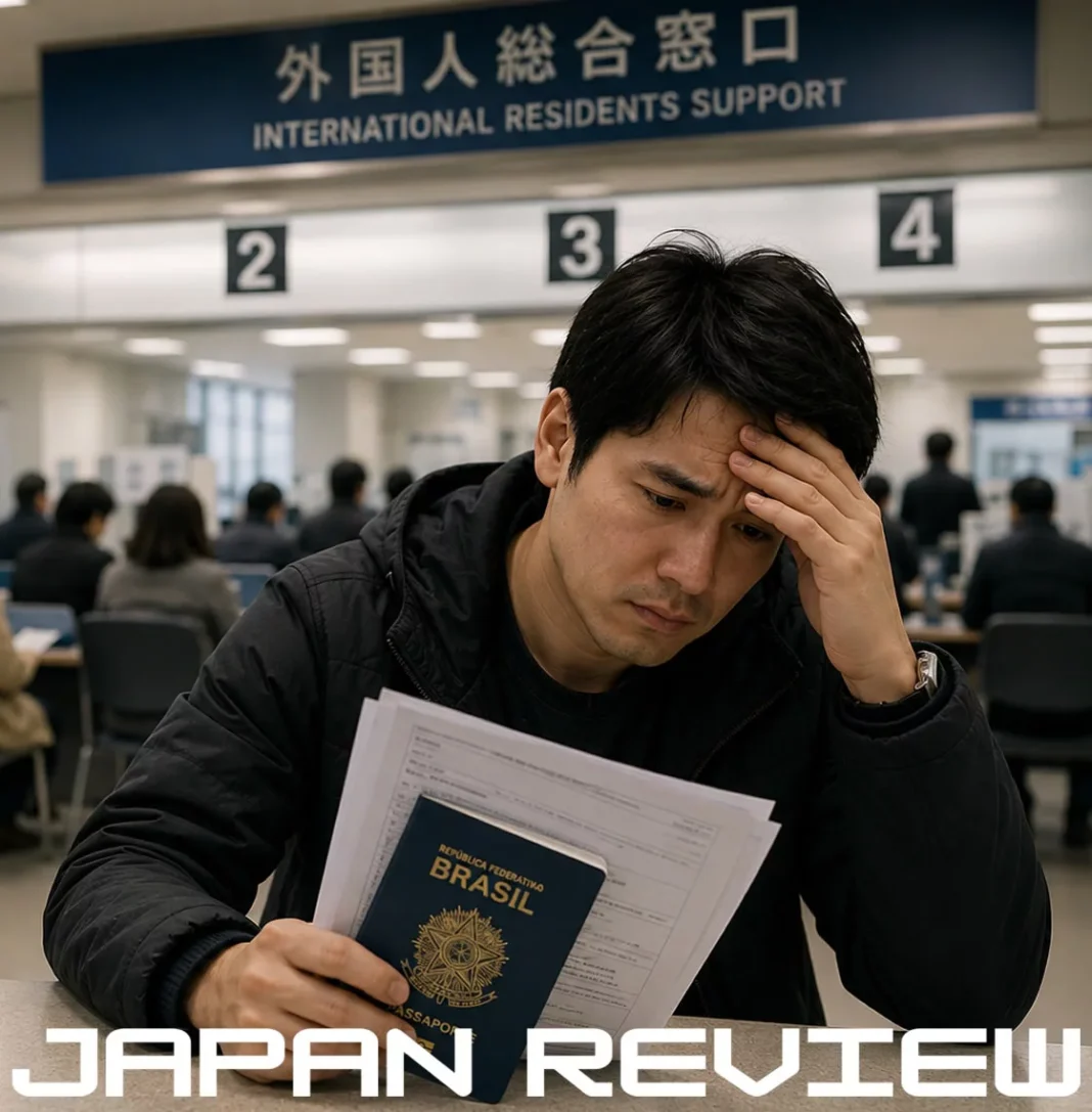 Trabalhador estrangeiro segura passaporte brasileiro em escritório de imigração no Japão após aumento das taxas de visto e residência permanente.