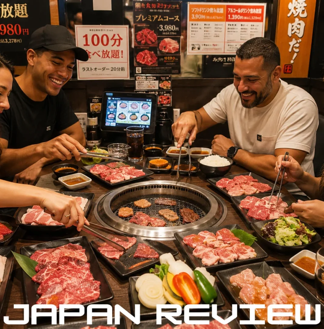 Clientes assam diversos tipos de carne em restaurante de yakiniku no Japão durante sistema de consumo à vontade.